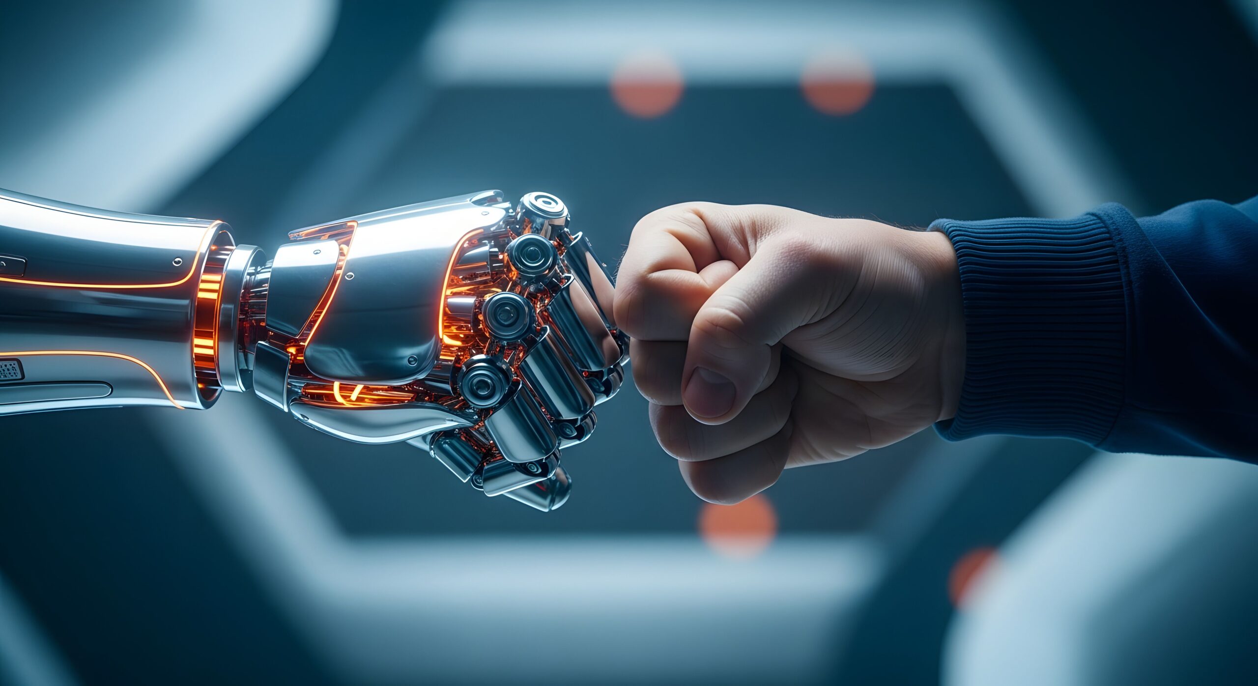 A robotic hand and a human hand reaching toward each other